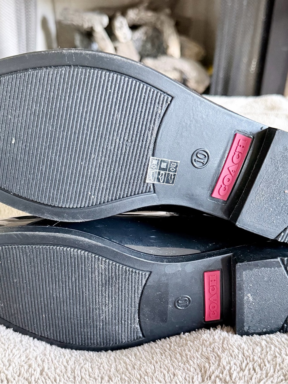 Coach Black Patent Rain Booties with Gray Signature Knit and Pink Accent - Picture 2 of 4
